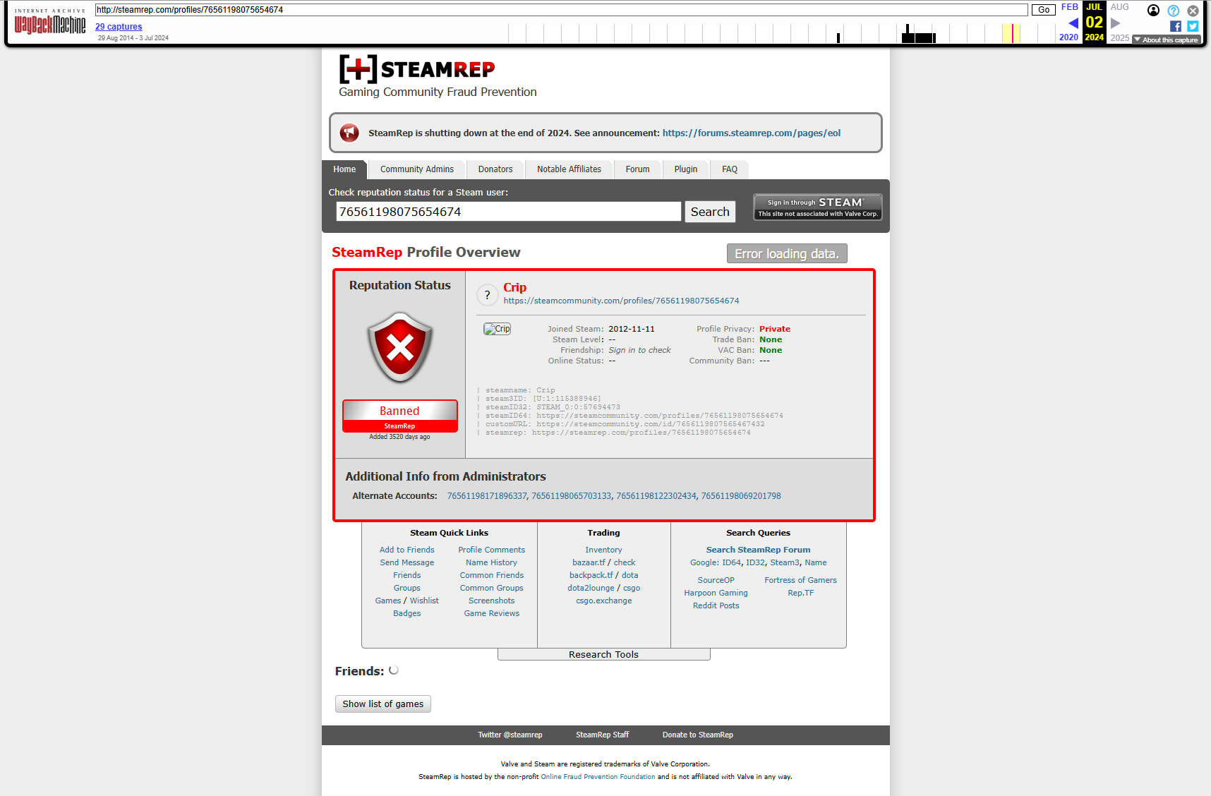 SteamRep Profile for 76561198075654674 showing BAN